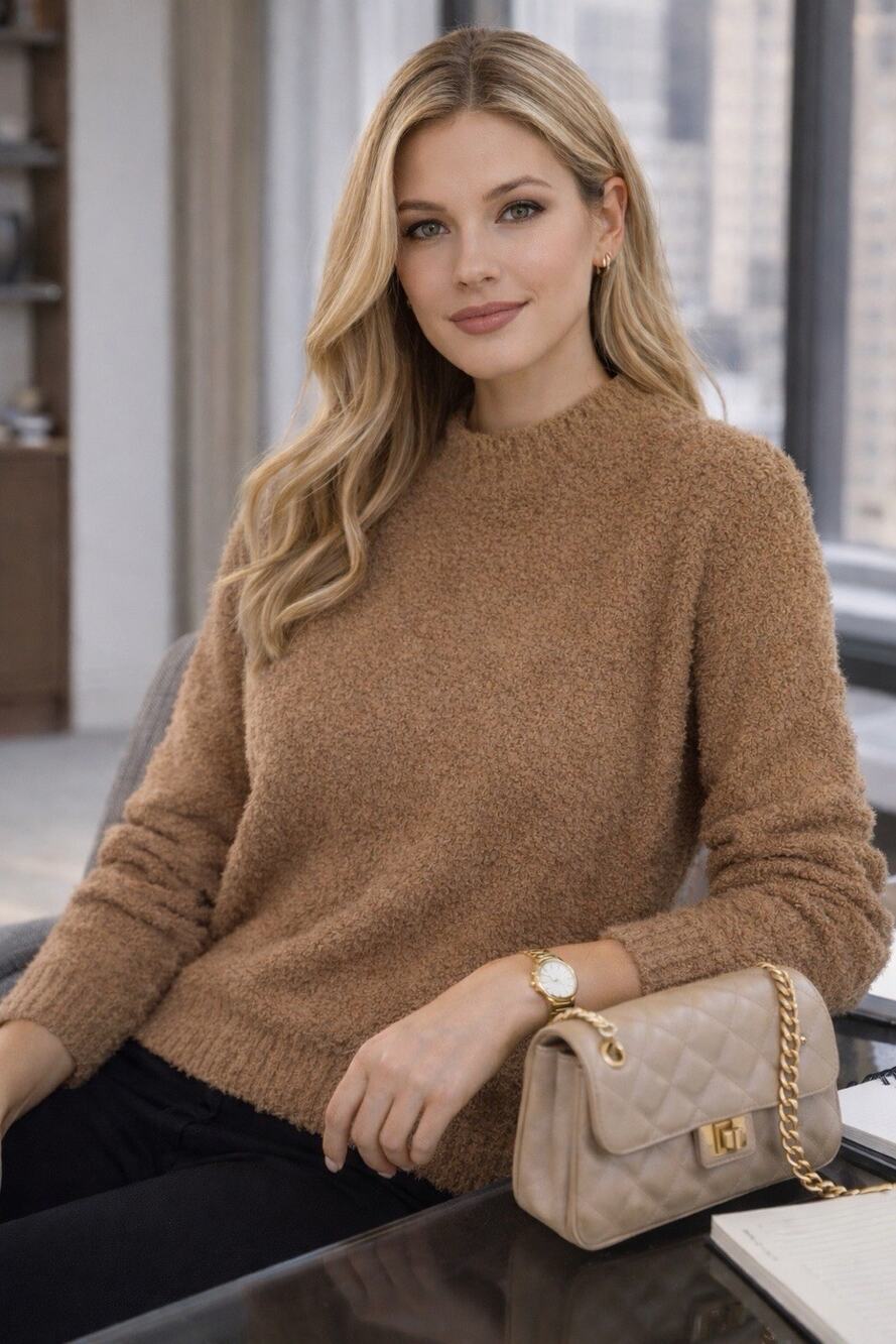 Luvamia Women’s Taupe Teddy Eyelash Soft Crew Neck Pullover Sweater Size M